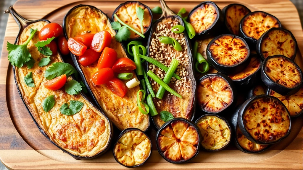 Rustic platter displaying various roasted eggplant preparations: Mediterranean-style with fresh herbs and tomatoes, Asian-inspired with sesame seeds and green onions, and plain roasted slices, wooden serving board