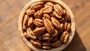 Golden-brown roasted pecans in a wooden bowl photographed from above with natural sunlight, showing crispy texture and rich color without any text or markings