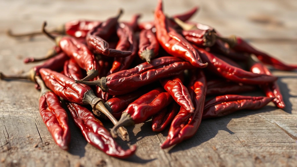 Close-up of dried guajillo and ancho chilies arranged on a rustic wooden surface, showing their deep red-brown color and texture, natural afternoon lighting