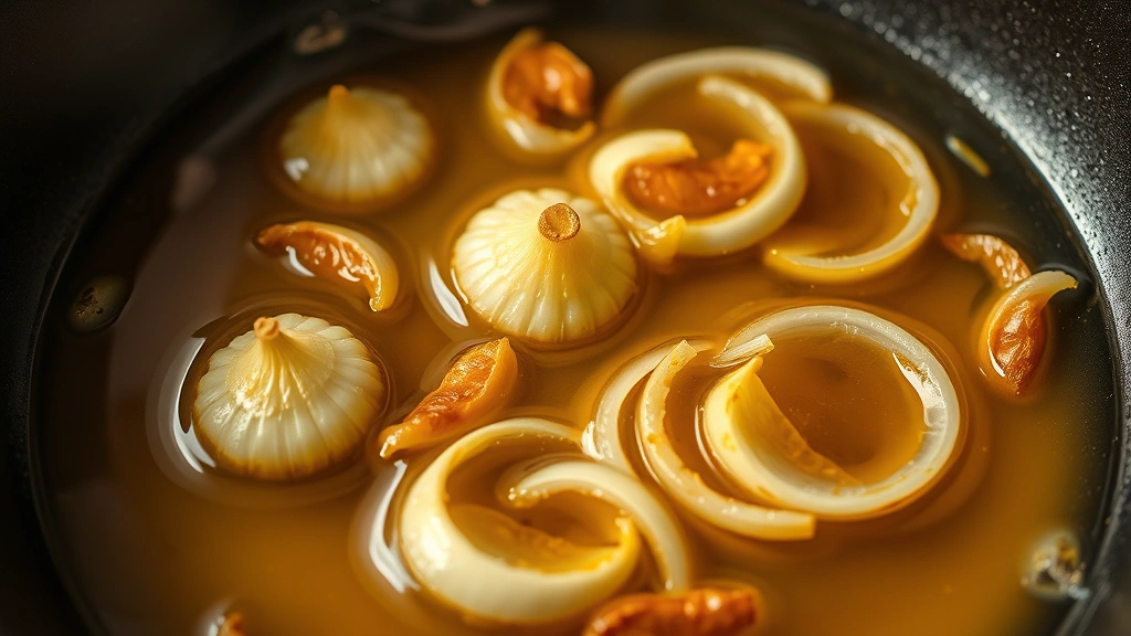 Golden toasted garlic cloves and translucent onion slices floating in warm amber-colored infused oil in a cast iron skillet, aromatic steam visible