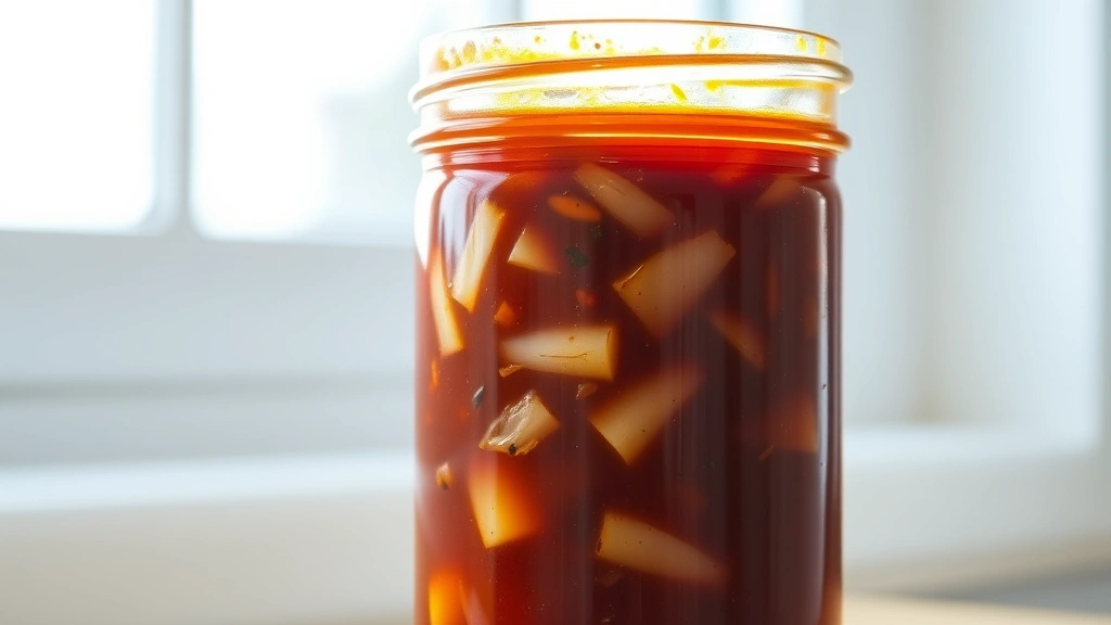 Glass jar filled with deep reddish-brown salsa macha with visible toasted garlic, onions, and chili solids suspended in glossy oil, photographed against bright window light showing the sauce's rich color