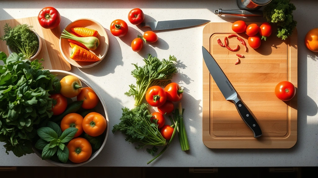 Overhead view of organized kitchen workspace with fresh vegetables, cutting board, and chef's knife ready for meal preparation, natural sunlight
