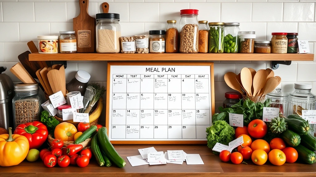Weekly meal plan calendar on kitchen counter surrounded by fresh produce, pantry items, and handwritten recipe cards in organized display