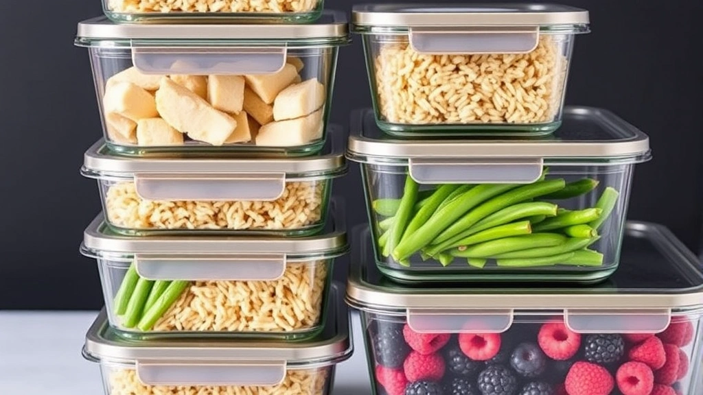 Organized meal prep containers stacked neatly showing cooked chicken pieces, brown rice portions, steamed green beans, and fresh berries in clear glass containers with stainless steel lids