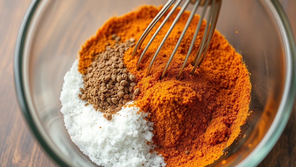 Freshly ground spices being whisked together in glass mixing bowl with kosher salt, showing swirling motion and even distribution of golden paprika and dark pepper particles