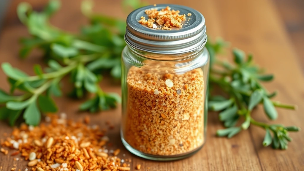 Completed seasoned salt blend in clear glass jar with metal shaker top, displaying rich golden-brown color from paprika and spices, sitting on wooden surface with fresh herb sprigs nearby