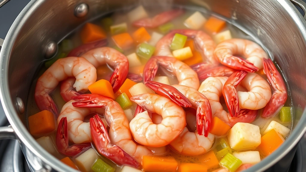 Vibrant pink shrimp shells simmering in butter with diced carrots, onions, and celery in a large stainless steel pot, aromatic steam rising, overhead shot