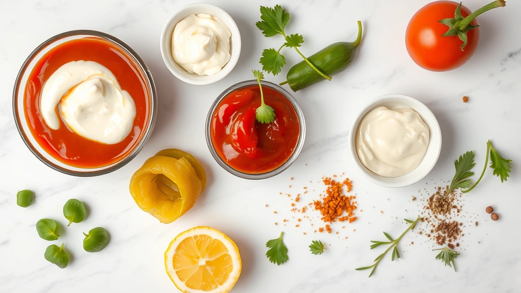 Overhead flat lay of fresh burger sauce ingredients arranged artfully: mayonnaise dollop, ketchup, pickle relish, mustard, lemon wedge, fresh herbs, and spices on white marble counter