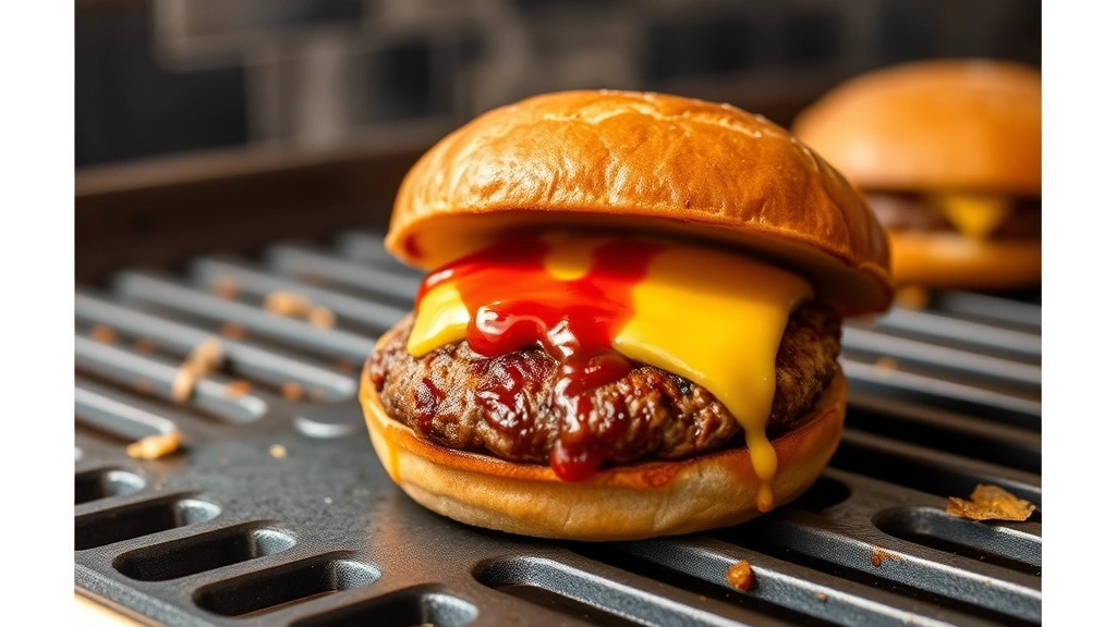 Perfectly cooked smash burger on griddle with melted cheese and sauce-covered patty, crispy edges visible, steam rising, professional burger joint style presentation