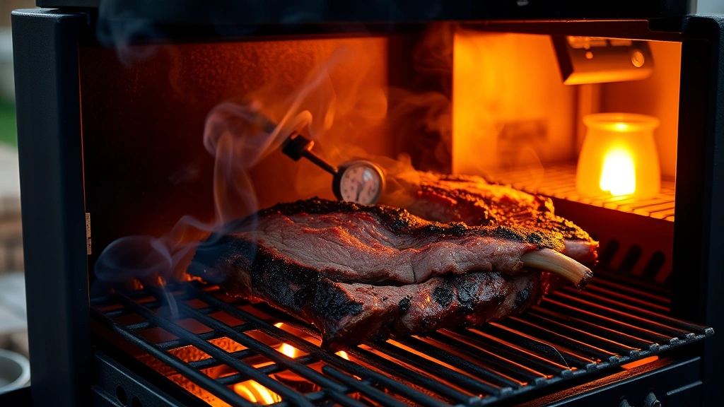Smoking prime rib in offset smoker with thin blue smoke wisping out, meat on grate showing developing bark, thermometer reading visible, smoker interior glowing from firebox, cozy evening backyard setting with ambient light