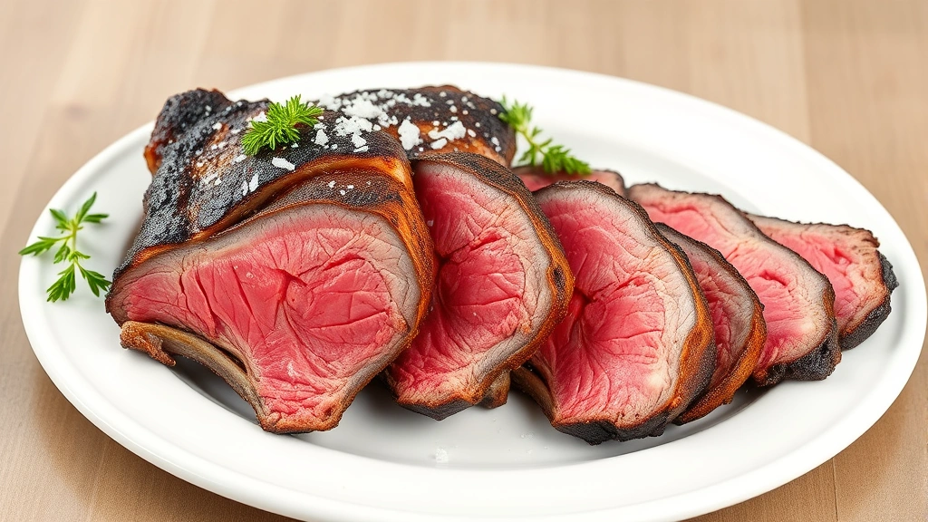 Beautifully carved smoked prime rib slices arranged on white serving platter showing perfect pink medium-rare center with dark mahogany crust, smoke ring clearly visible, fresh herb garnish and fleur de sel crystals on top, professional plating style