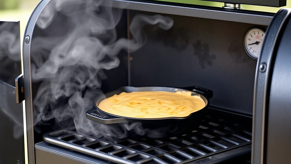 BBQ smoker with open door showing cast-iron skillet of creamy smoked queso on grate with heat deflector, smoke wisping around the pan, thermometer visible, mesquite smoke in background