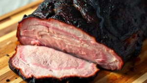 Close-up of perfectly smoked brisket with dark mahogany bark and pink smoke ring, sliced to show tender pink interior, resting on wooden cutting board with smoke wisping around it