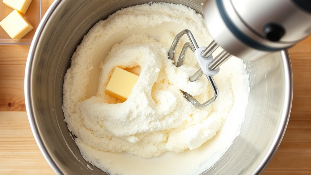 Overhead view of creaming butter and sugar in stainless steel mixing bowl, pale fluffy mixture being beaten with electric mixer, bright natural kitchen light
