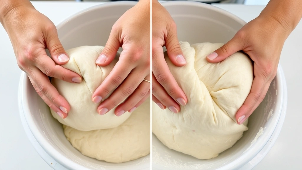 Hands performing stretch and fold technique on dough in bowl, showing proper hand position and dough development during bulk fermentation
