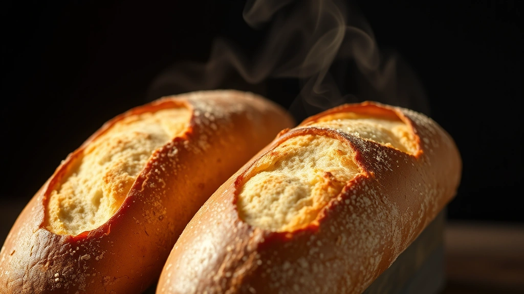 Golden-brown freshly baked sourdough baguettes with crispy, caramelized crust and visible scoring marks, steam rising from warm loaves