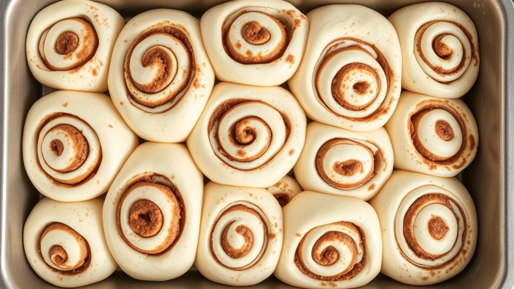 Unbaked cinnamon rolls arranged in a buttered baking pan showing the spiral pattern and cinnamon-sugar filling clearly visible from above, ready for oven