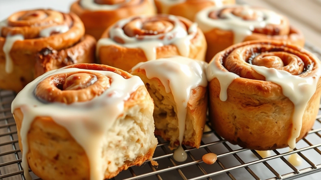 Freshly baked golden-brown sourdough cinnamon rolls cooling on a wire rack with cream cheese frosting dripping down the sides, steam rising, showing fluffy interior texture