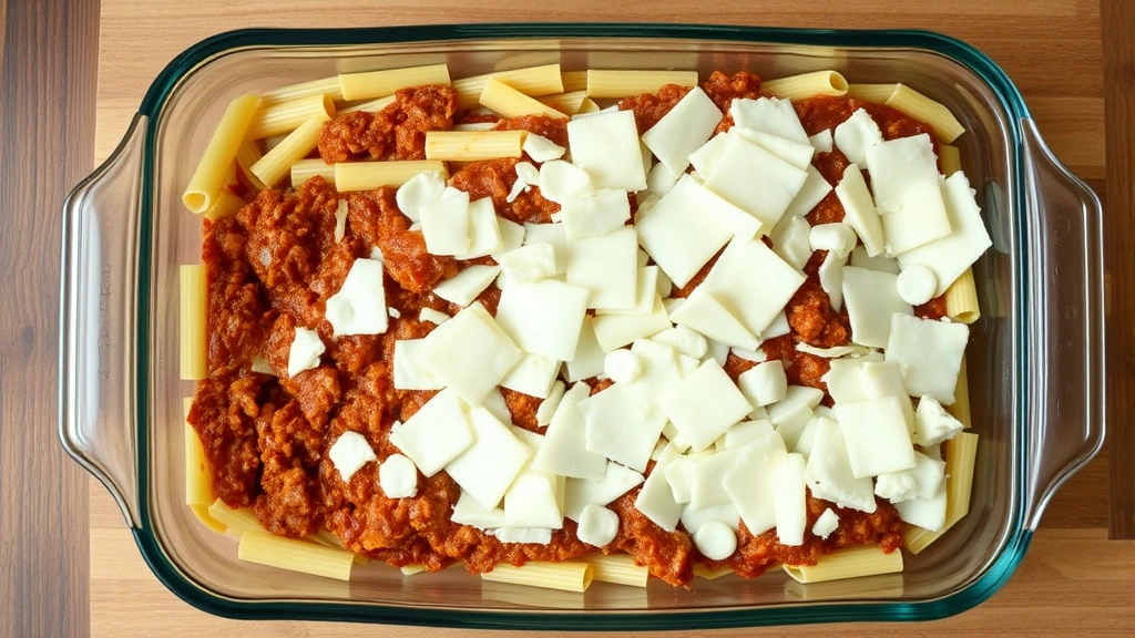 Overhead view of assembled spaghetti casserole showing distinct layers of pasta, red meat sauce, white ricotta mixture, and melted mozzarella before baking