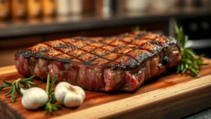 Perfectly seared ribeye steak with golden brown crust, resting on a wooden cutting board with fresh rosemary sprigs and garlic cloves nearby, warm kitchen lighting