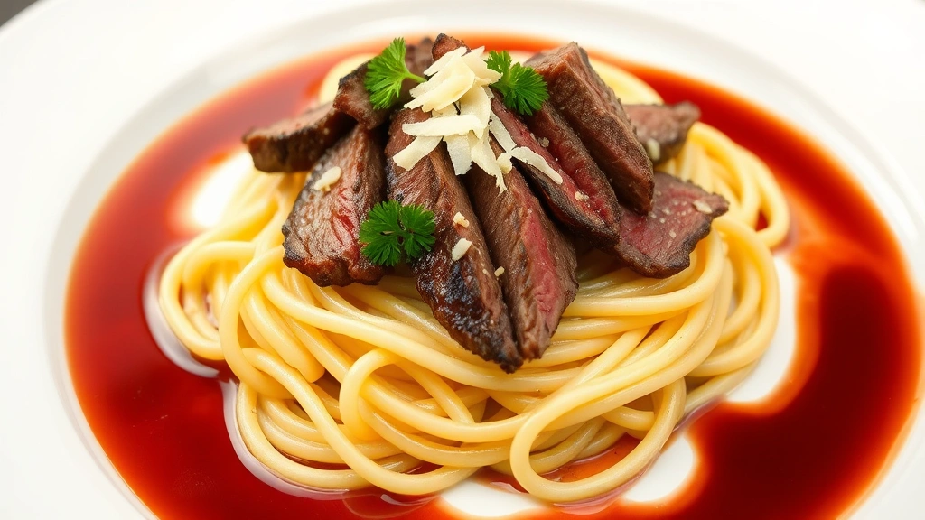 Elegant plated steak pasta dish with sliced beef strips arranged over fettuccine, fresh Parmesan shavings, parsley garnish, wine sauce pooled around plate, fine dining presentation