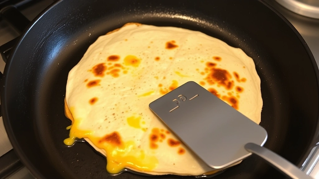 Cast iron skillet with partially cooked quesadilla showing melted cheese oozing from edges, tortilla achieving golden-brown color with char spots, spatula positioned underneath for flipping