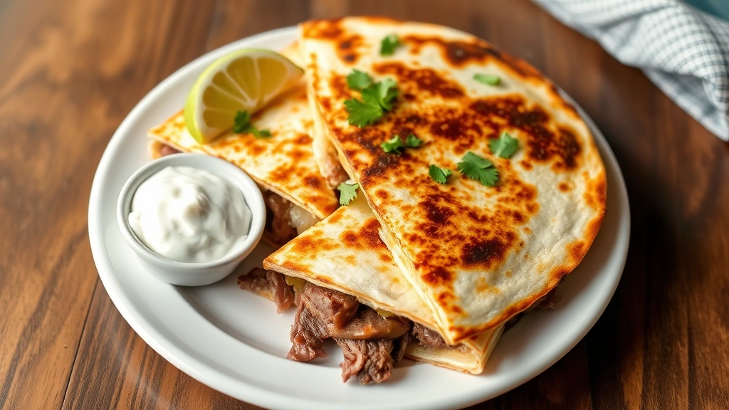 Finished steak quesadilla cut into quarters on white ceramic plate, displaying layers of tender sliced beef and melted cheese, garnished with fresh cilantro, lime wedge, and small bowl of sour cream beside it