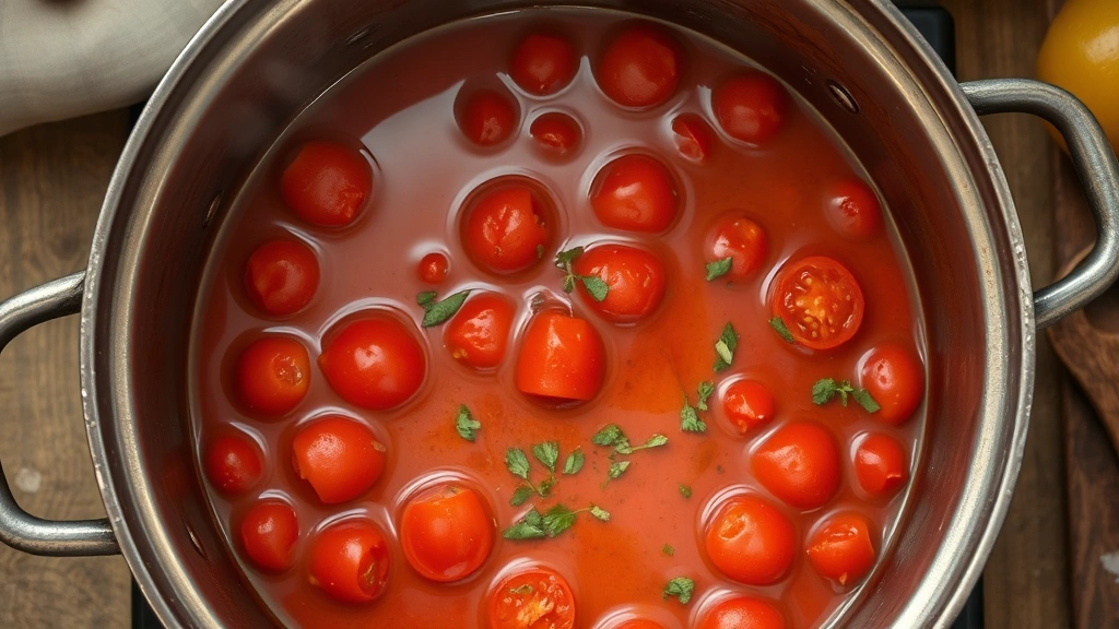 Overhead shot of a heavy-bottomed pot with gently simmering stewed tomatoes, herbs visible, golden olive oil coating the surface, rustic kitchen setting