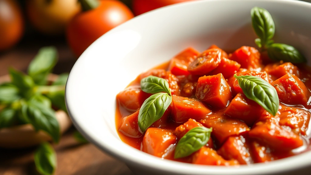 Finished stewed tomatoes in a white ceramic bowl, garnished with fresh basil leaves and drizzle of olive oil, warm natural lighting, cozy kitchen background