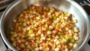 Golden-brown sautéed diced onions and celery in melted butter in a stainless steel skillet, steam rising, professional kitchen lighting