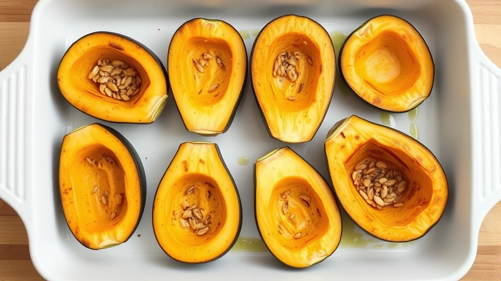 Raw acorn squash halves with seeds removed, brushed with olive oil, arranged on a white ceramic baking dish ready for roasting