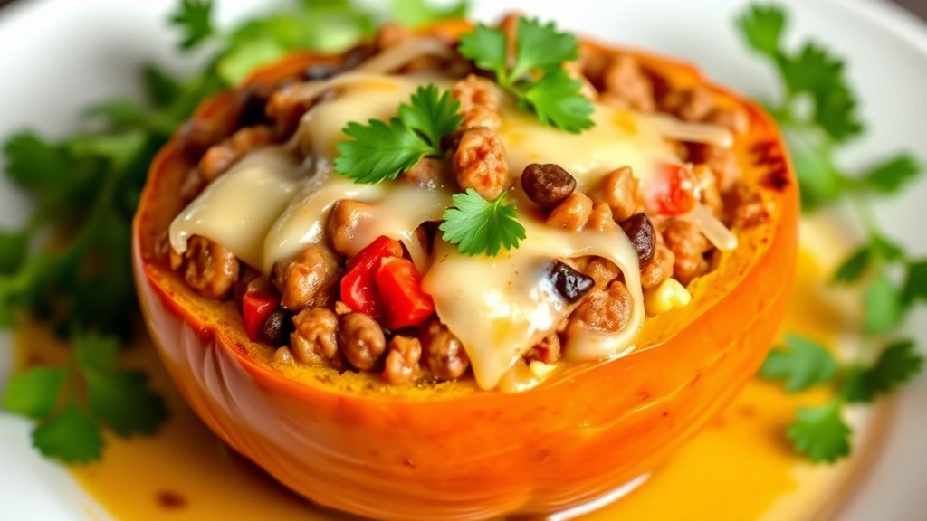 Finished stuffed acorn squash half filled with colorful ground beef and vegetable mixture, topped with melted cheese, garnished with fresh parsley on a warm white plate