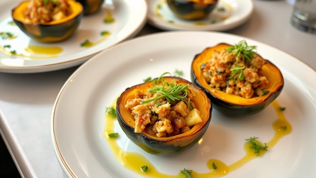 Multiple plated stuffed acorn squash halves with herb oil drizzle and microgreen garnish, professional restaurant-style presentation on individual plates