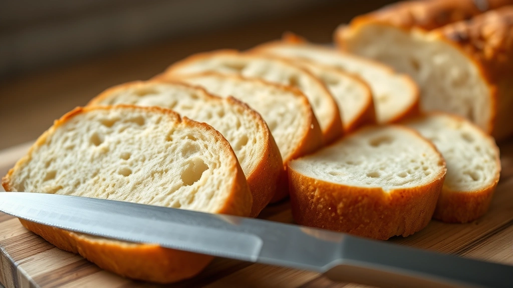 Close-up of thick-cut brioche bread slices arranged on a wooden cutting board with a sharp serrated knife, showing the pale golden interior and soft crumb structure, natural daylight from the side