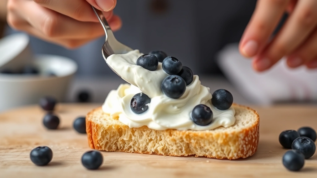 Hands carefully spooning a creamy filling of whipped cream cheese and fresh blueberries into a horizontal pocket cut into a slice of brioche bread, shallow depth of field focusing on the filling