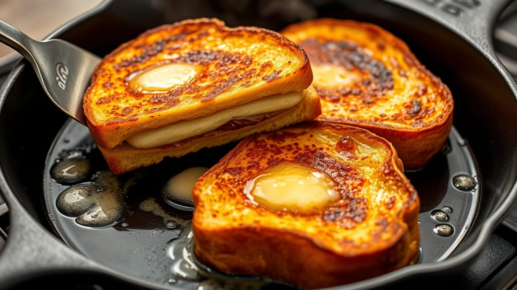 Golden-brown stuffed French toast slices cooking on a cast iron skillet with melting butter and steam rising, showing the crispy caramelized exterior while a slice is being flipped with a spatula