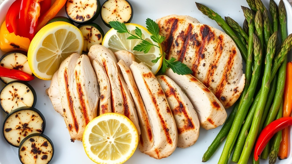Perfectly grilled chicken breast slices arranged on a white platter with fresh lemon wedges, surrounded by grilled summer vegetables including zucchini, bell peppers, and asparagus with herb oil drizzle