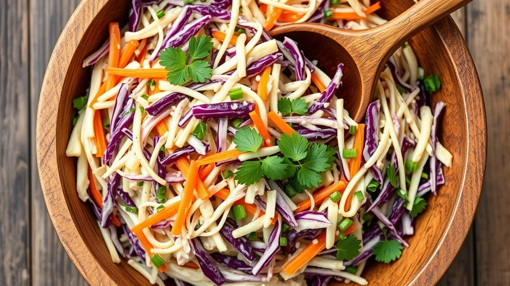 Overhead view of creamy coleslaw in a rustic wooden bowl with crisp purple cabbage, shredded carrots, and fresh herbs, with a wooden spoon resting in the salad