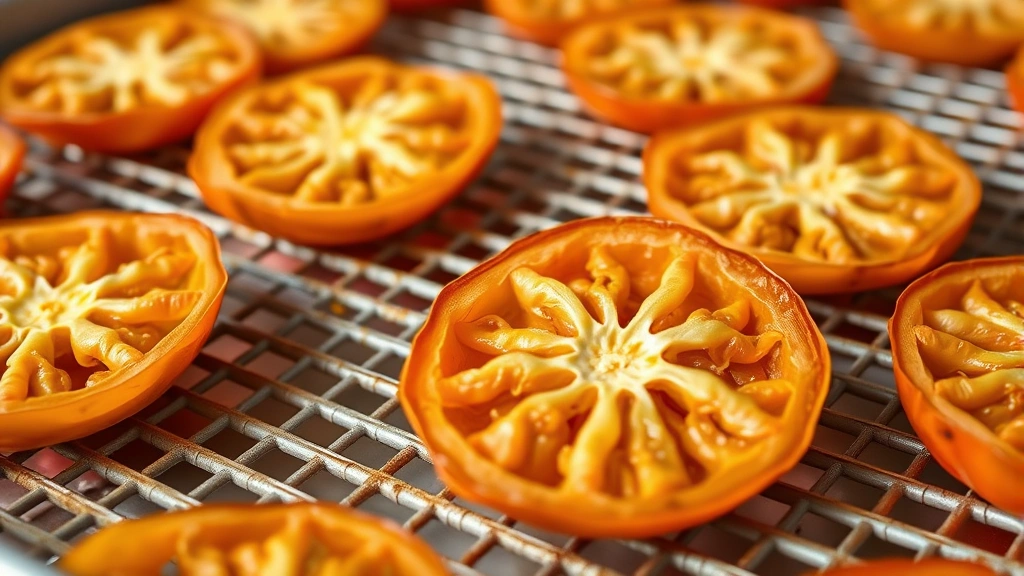 Golden-brown dehydrated tomato halves on stainless steel dehydrator tray, showing pliable chewy texture, warm natural lighting highlighting concentrated color and wrinkled surface