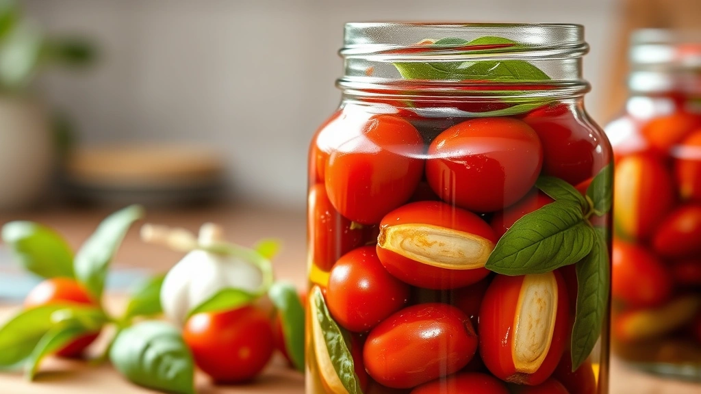Glass jar filled with oil-packed sun dried tomatoes, fresh basil leaves and garlic cloves visible, extra virgin olive oil coating the tomatoes, soft warm kitchen lighting
