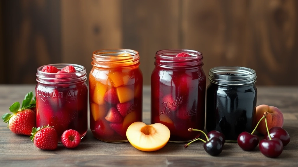 Four jars of finished jam in different flavors - ruby strawberry, deep purple raspberry, golden peach, and dark cherry - arranged on wooden surface with fresh fruit beside them