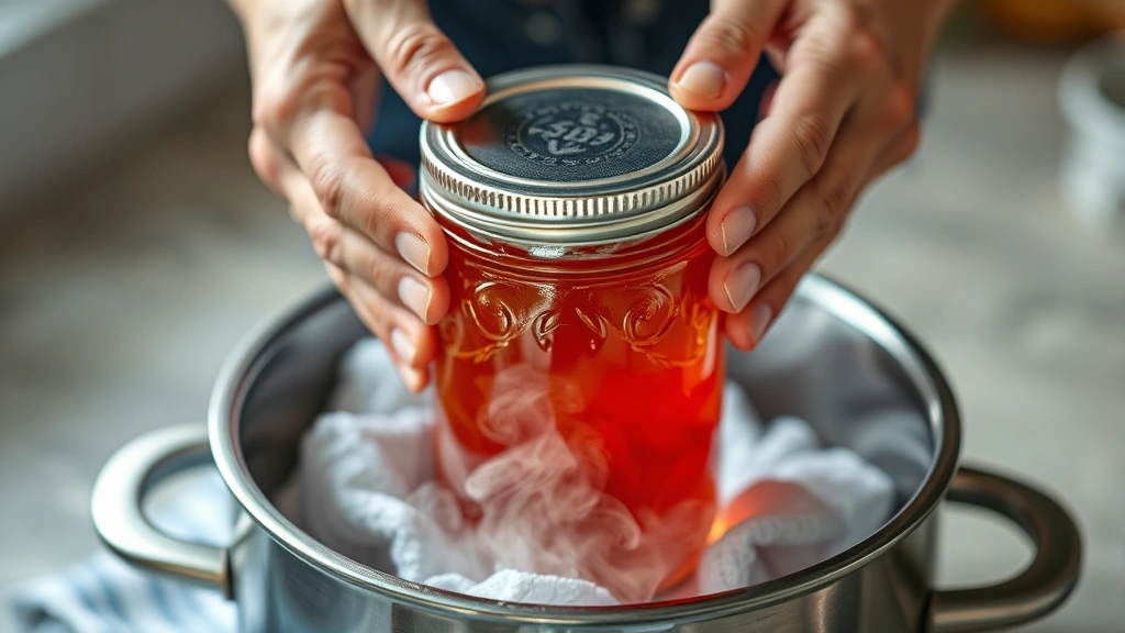 Close-up of jam jar lid being sealed, hands using jar lifter to remove hot jar from boiling water canner, steam visible, kitchen towel underneath