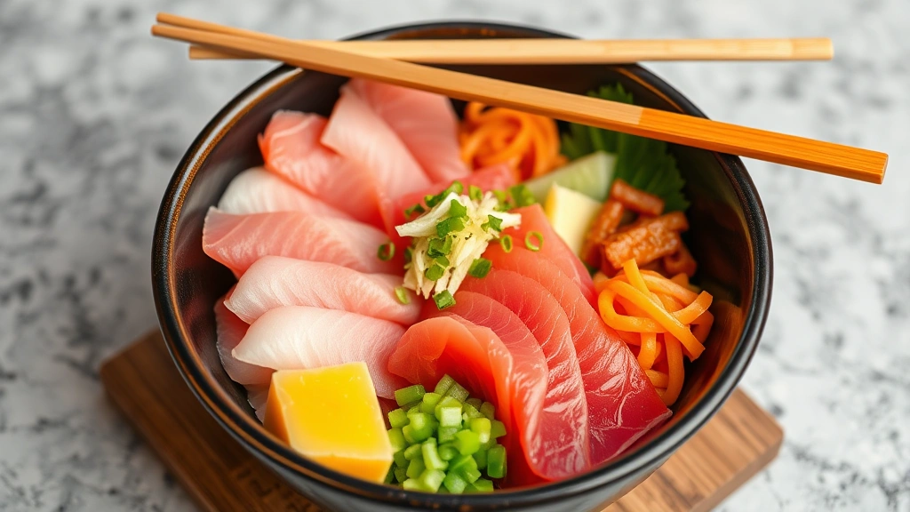 Vibrant sushi bowl presentation with thinly sliced raw fish, pickled ginger, wasabi, and condiments arranged artfully with chopsticks resting on bowl rim