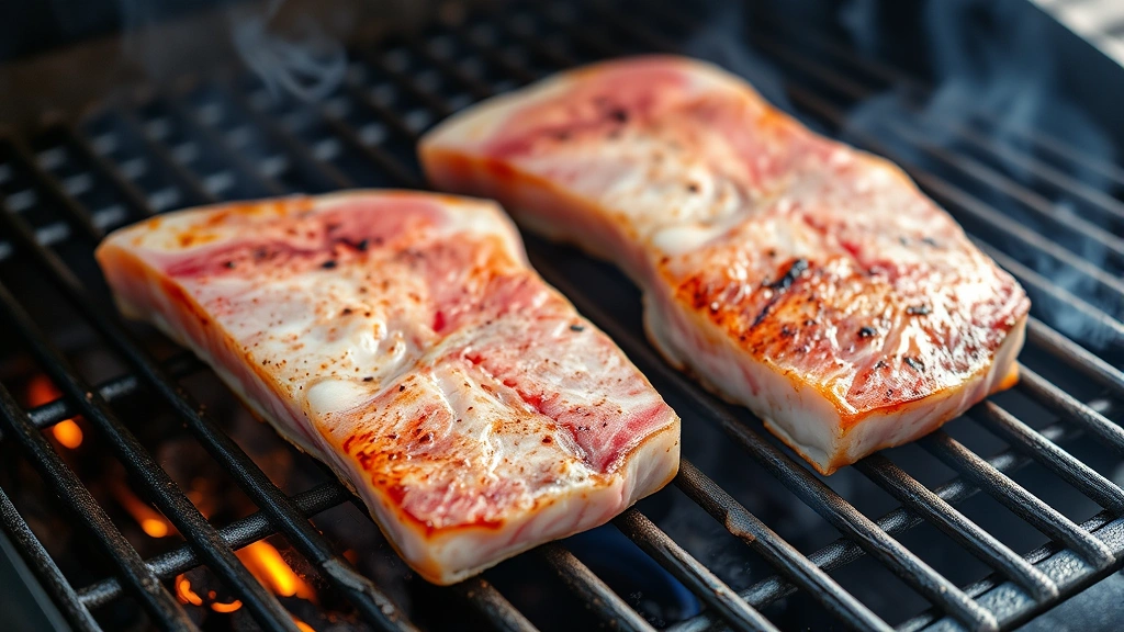 Swordfish steaks sizzling on a hot grill grate with visible char marks and caramelization, smoke rising, vibrant grill marks visible, outdoor daylight