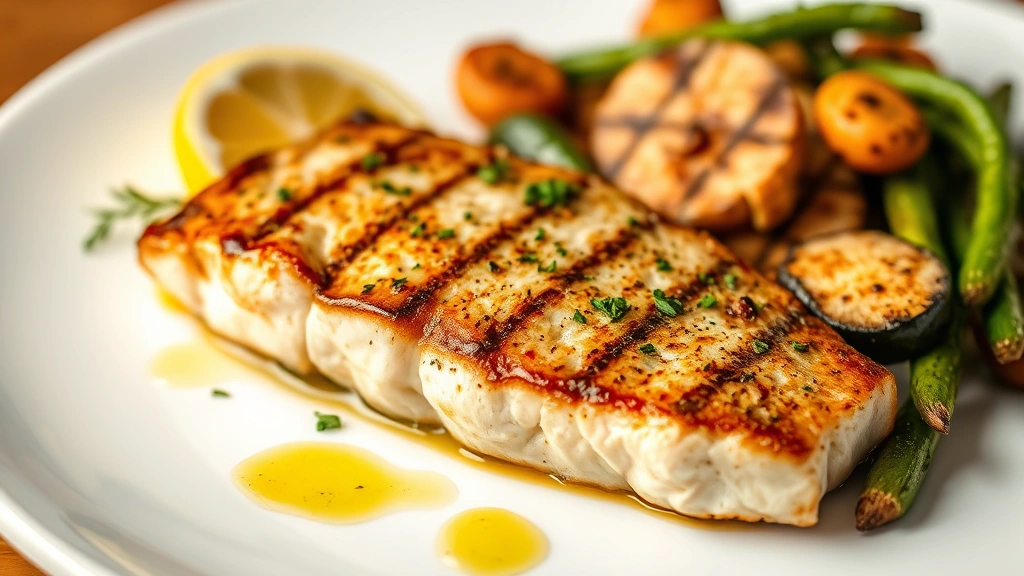 Perfectly cooked swordfish steak plated with grilled vegetables, lemon wedge, and drizzled olive oil, garnished with fresh herbs, professional plating, warm lighting