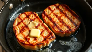 Golden-brown seared thin pork chops in a cast iron skillet with butter foam, showing a beautiful crust and grill marks, steam rising from the pan