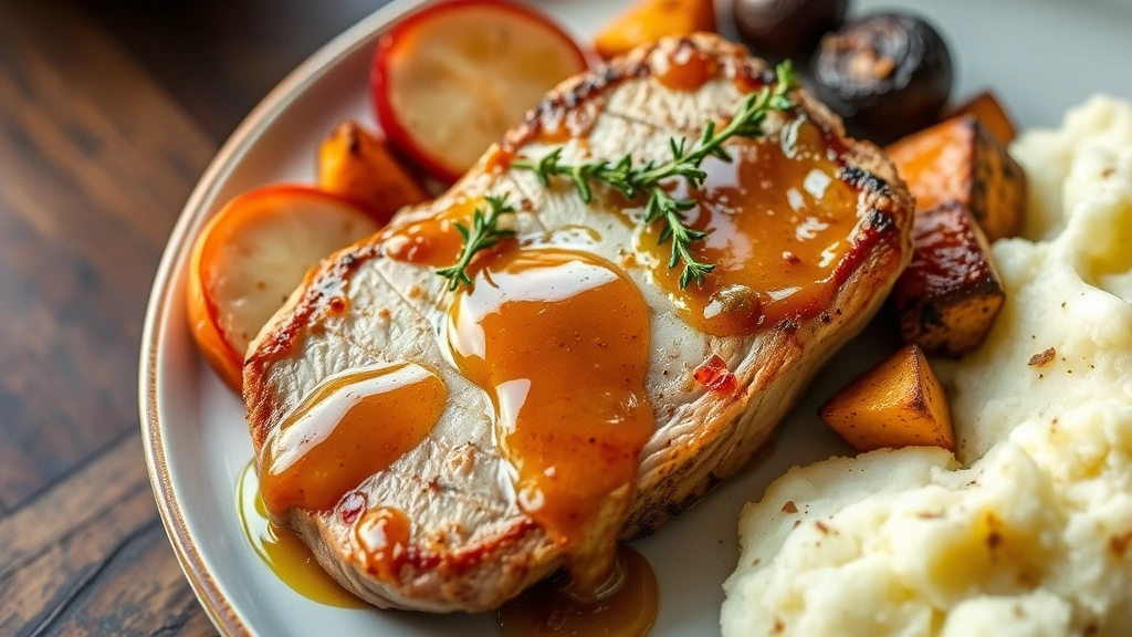 Plated thin pork chop with apple-cider glaze drizzled over top, garnished with fresh thyme sprigs, served alongside roasted root vegetables and mashed potatoes