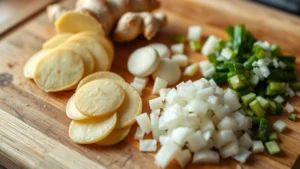 Fresh ginger root sliced thin with garlic cloves and diced onions arranged on a wooden cutting board, natural kitchen lighting, shallow depth of field