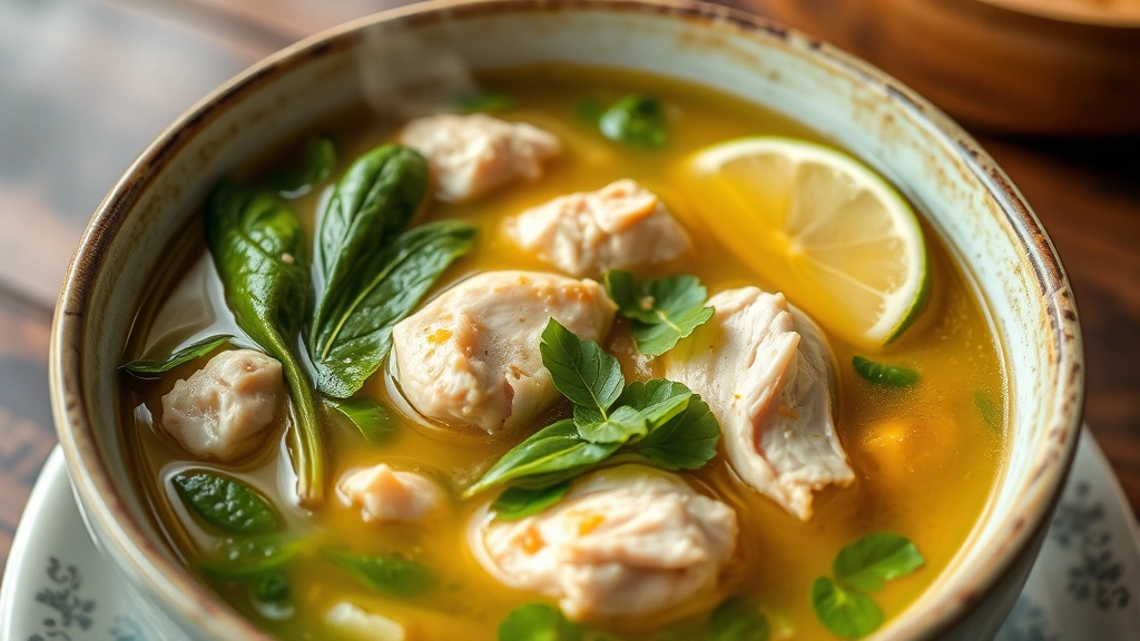 Steaming bowl of tinola soup with tender chicken pieces, vibrant green leafy vegetables, and golden ginger-infused broth, garnished with calamansi lime wedge on the side