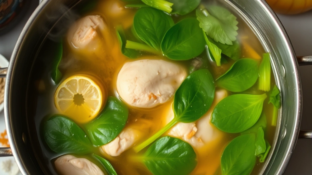 Overhead shot of tinola simmering in a large pot with visible ginger slices, chicken, and bright green malunggay or spinach leaves floating in clear broth, steam rising